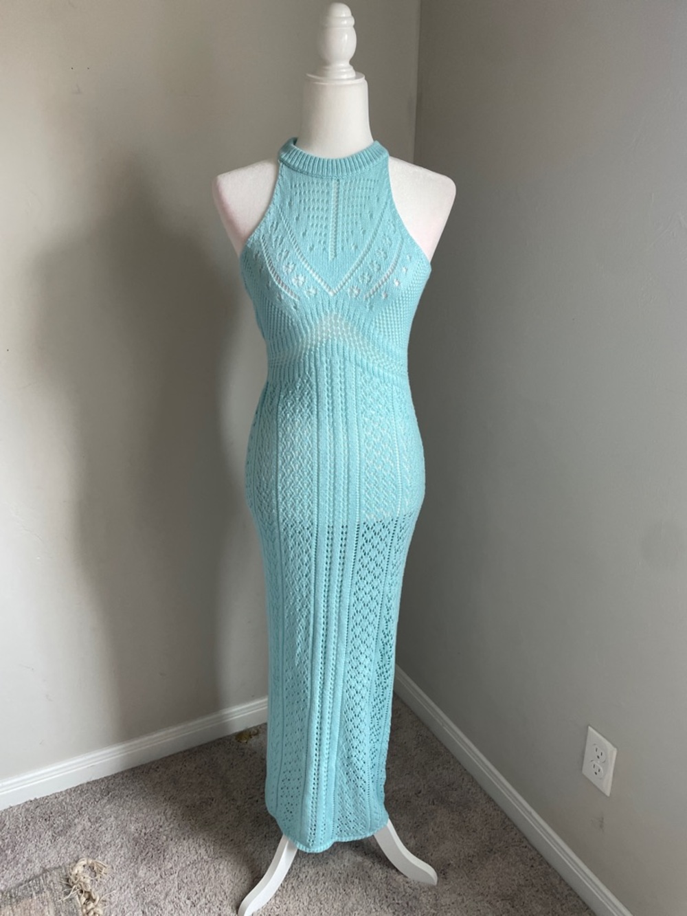 Sleeveless Crochet Maxi Dress in Light Aqua Beach Vacation Outfit